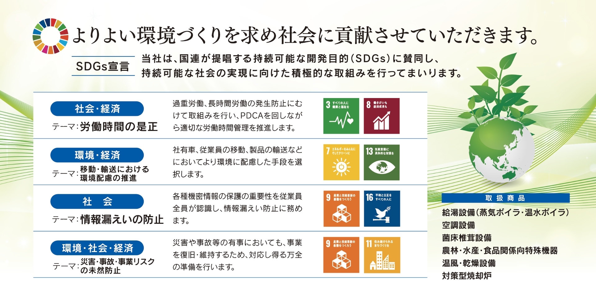「SDGs宣言」当社は、国連が提唱する持続可能な開発目的（SDGs）に賛同し、持続可能な社会の実現に向けた積極的な取り組みを行ってまいります。